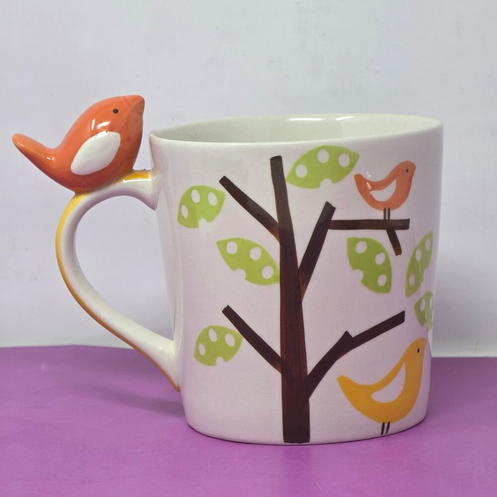Vintage Pier One Handcrafted Ceramic Mug With Bird Handle & Tree‎ Design